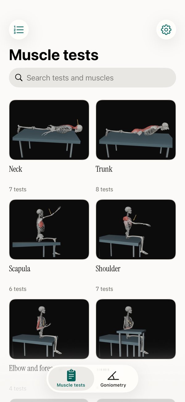 The muscle tests, grouped by part of the body