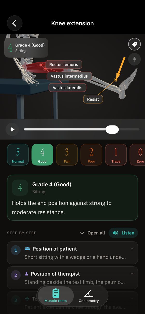 Knee extension at grade 4 in dark mode, with the point of resistance