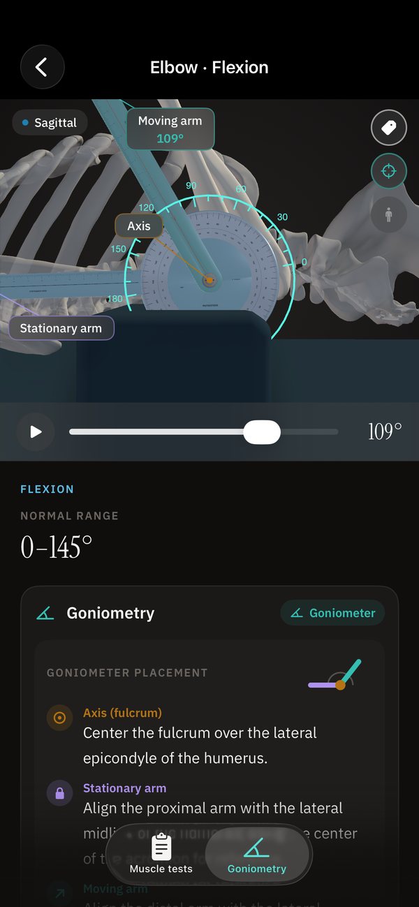 Looking straight down onto the goniometer's dial at the elbow